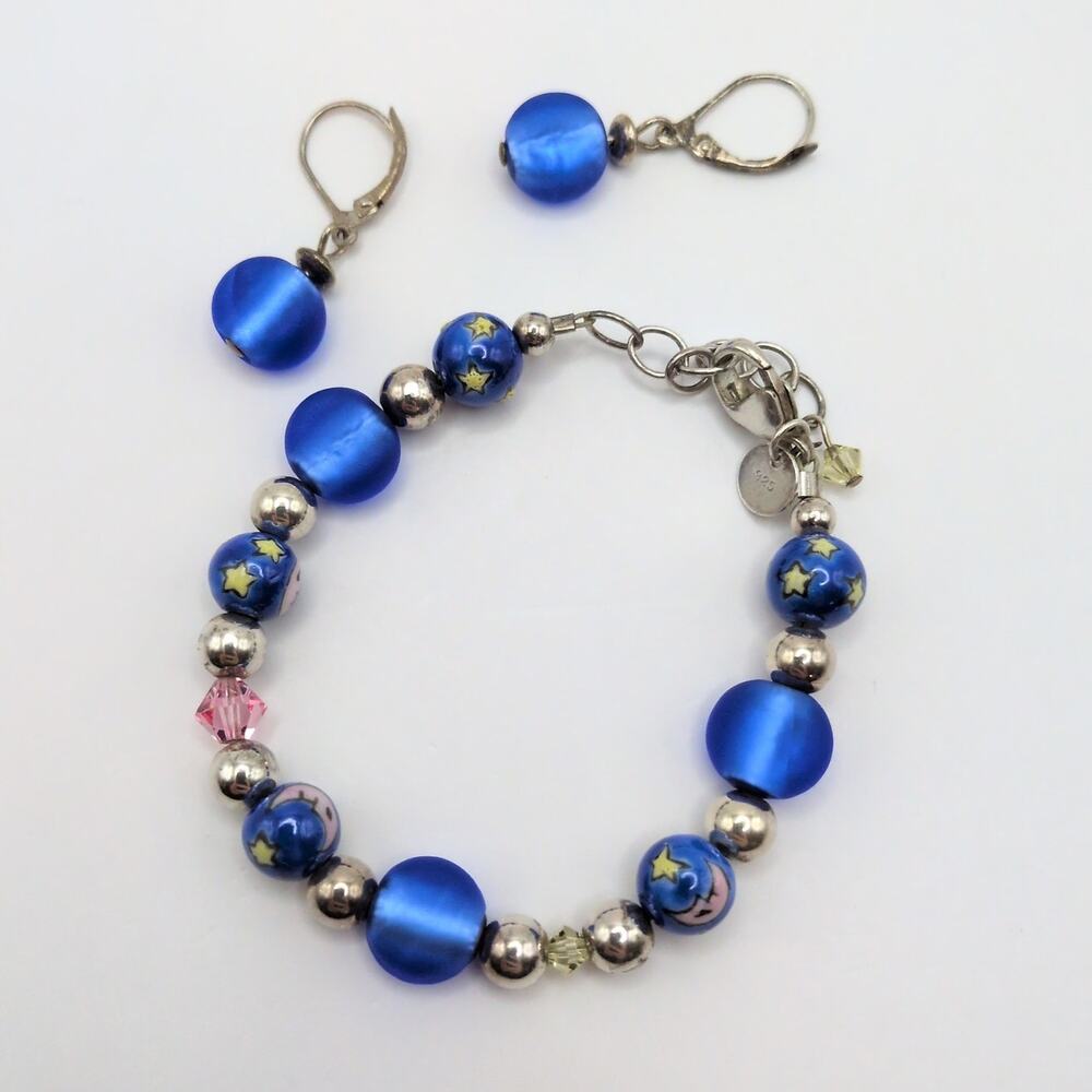 90s/Y2k Emily Ray Sterling Silver Bead Blue Whimsigoth Moon Stars Bracelet Set